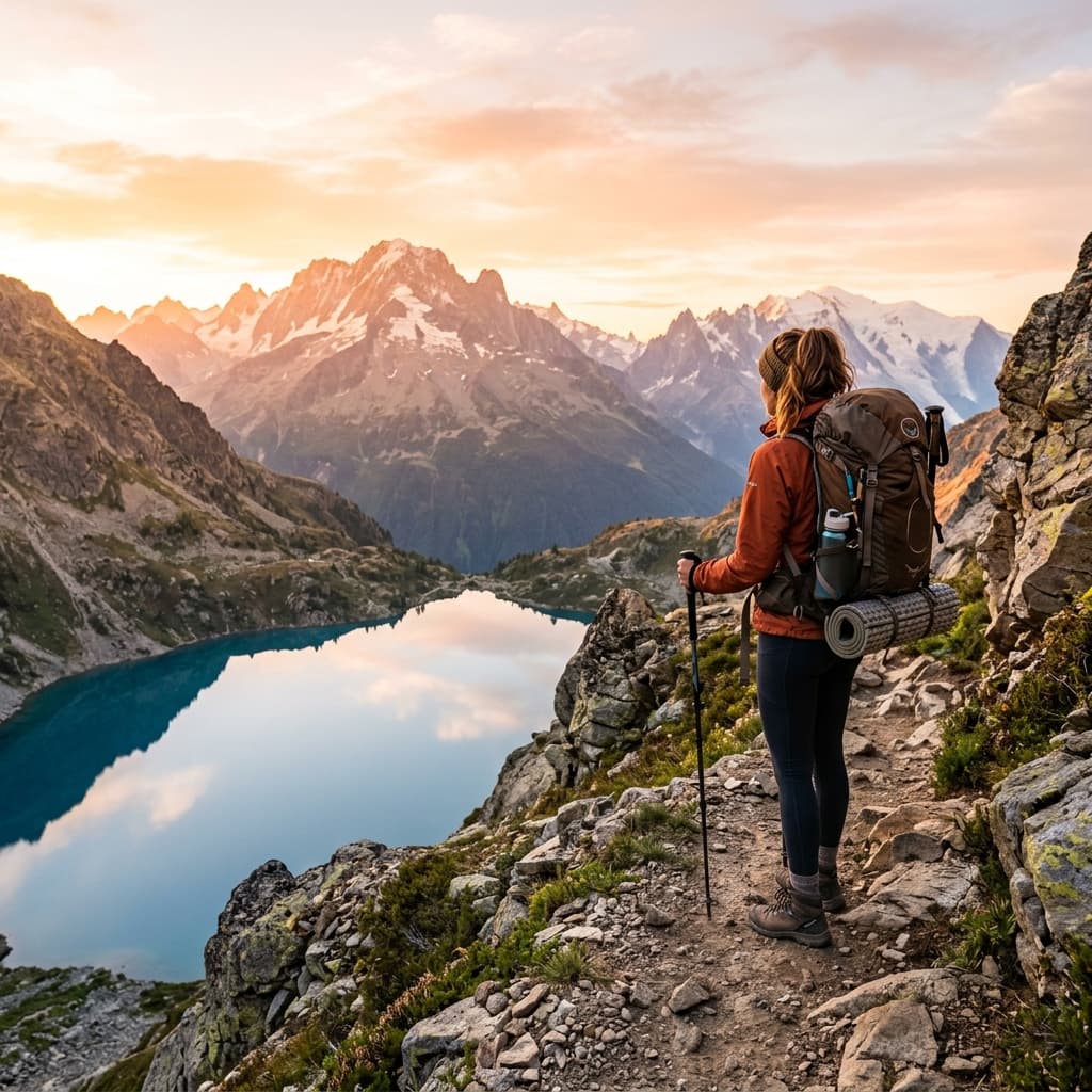Hiker looking at mountain lake